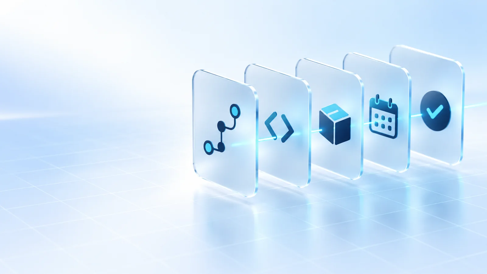 Five glass cards showing roadmap, code, release, deadline and verification steps